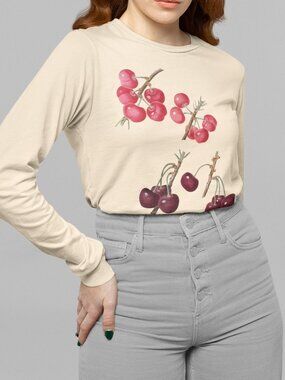 Wild Cherry Vintage Botanical Print Long Sleeve Graphic Tee T-shirt S-XXL